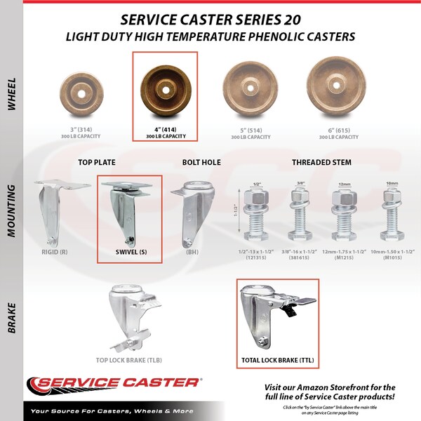 Service Caster 4 Inch High Temp Phenolic Swivel Top Plate Caster Set with Total Lock Brake SCC SCC-TTL20S414-PHSHT-4 - main